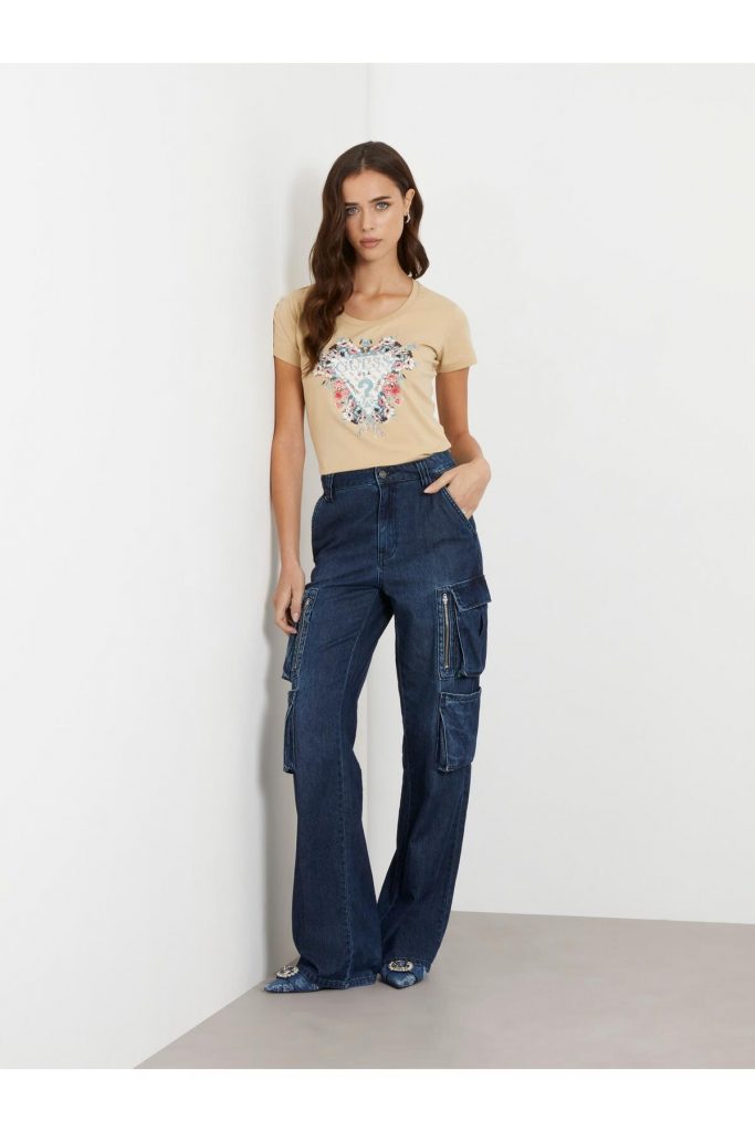 Guess Flowers Triang Kadın Slim Fit T-shirt W4RI38J1314 - kahve