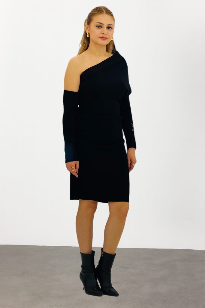 JOIN US Fonksiyonel Kol Detaylı Yıldızlı Siyah Mini Triko Elbise W145