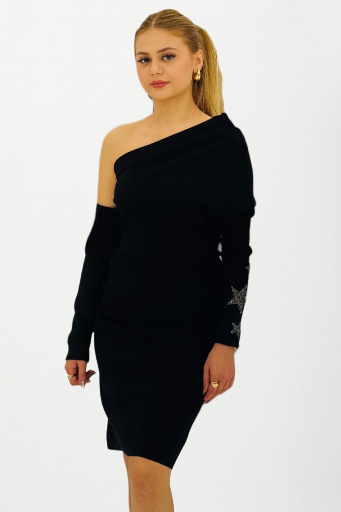 JOIN US Fonksiyonel Kol Detaylı Yıldızlı Siyah Mini Triko Elbise W145