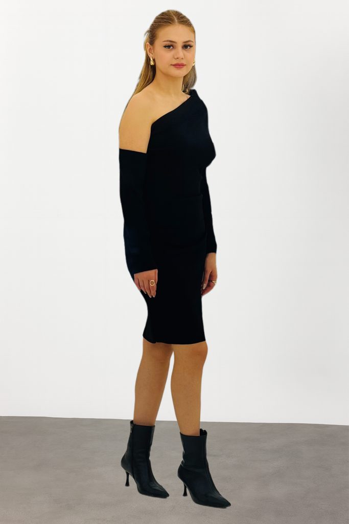 JOIN US Fonksiyonel Kol Detaylı Yıldızlı Siyah Mini Triko Elbise W145 - Siyah