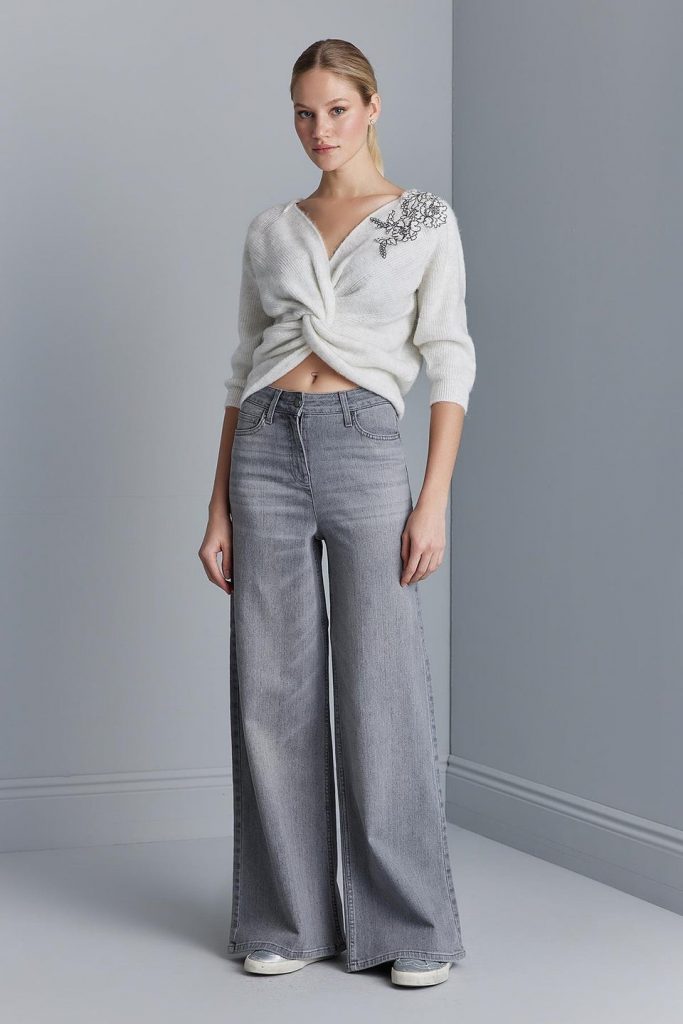 JOİN US Nakış Detaylı Büzgülü Gri Triko Kazak W147