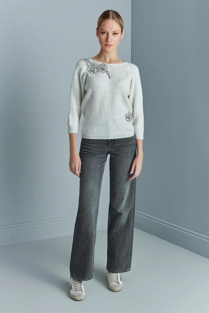 JOİN US Nakış Detaylı Büzgülü Gri Triko Kazak W147