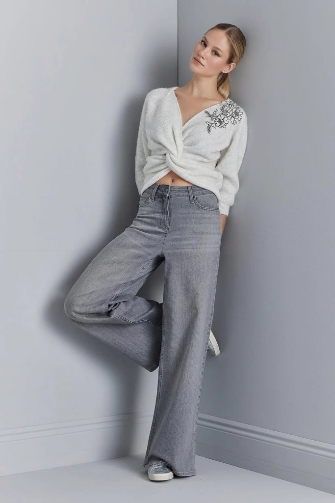 JOİN US Nakış Detaylı Büzgülü Gri Triko Kazak W147