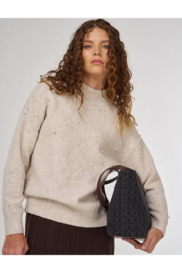 KAYRA Kadın İnci Detaylı Triko Kazak  TRK135 - TAŞ