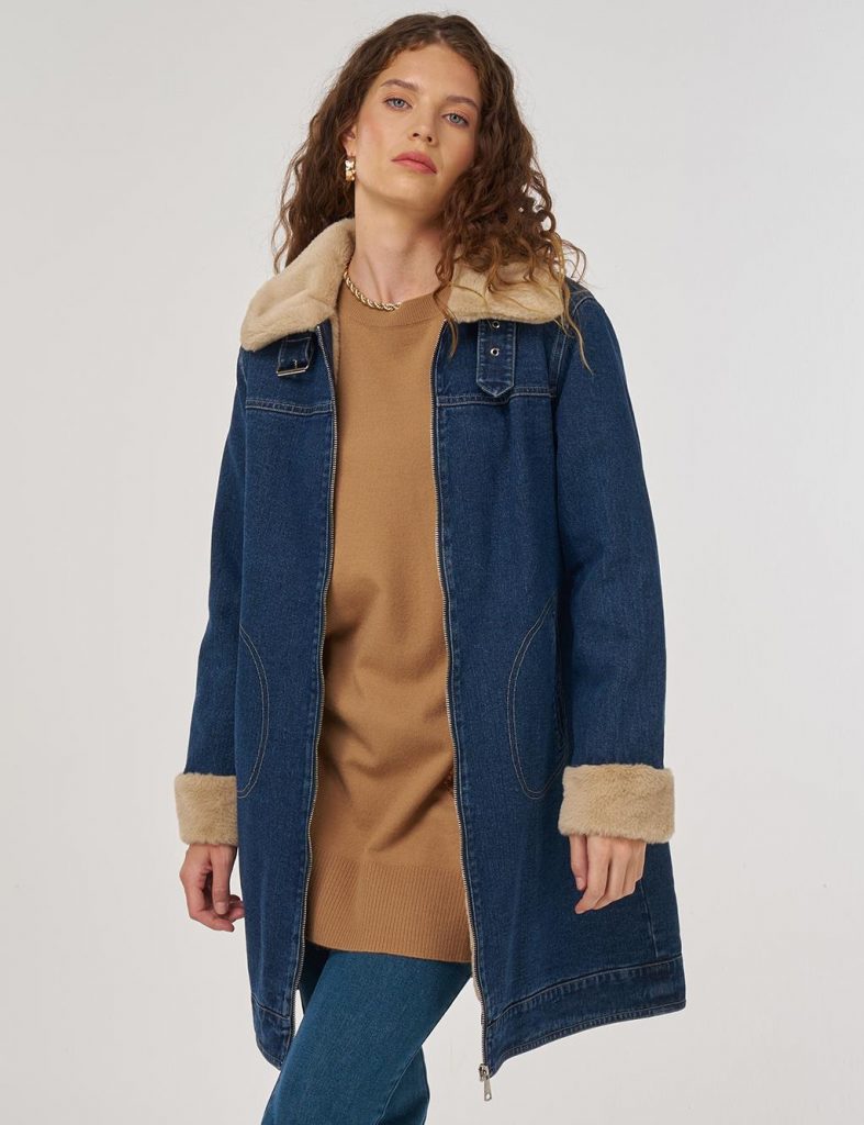 KAYRA Kürk Yakalı Denim Mont 27355 - Lacivert