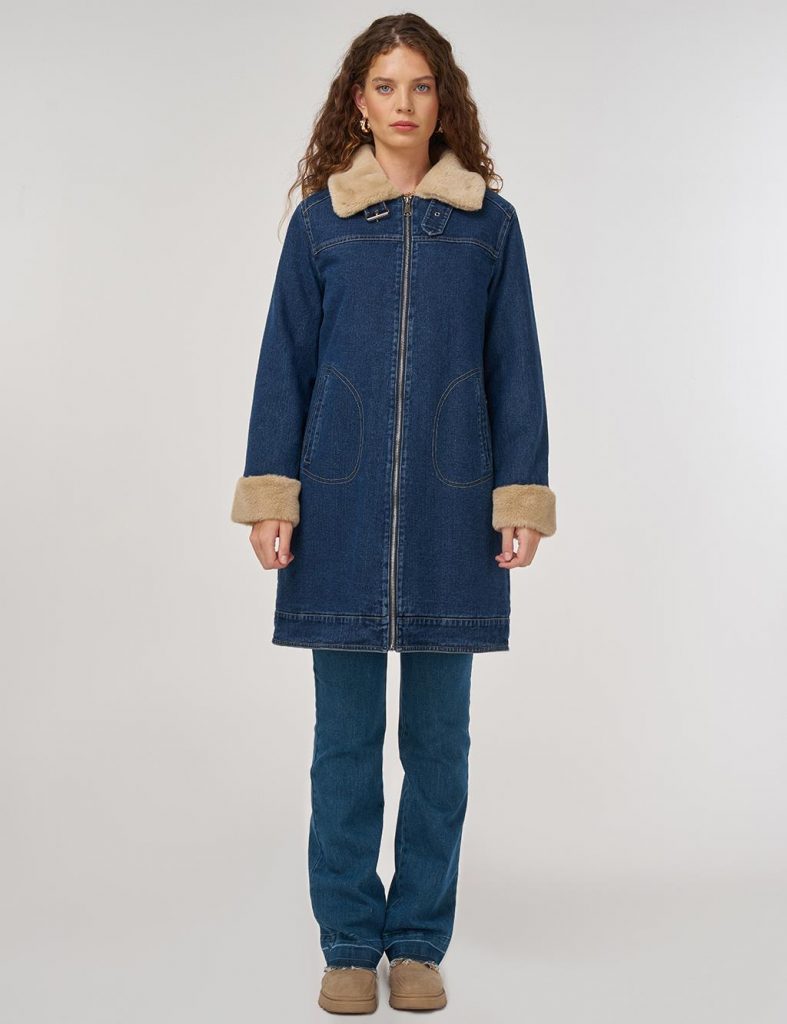 KAYRA Kürk Yakalı Denim Mont 27355 - Lacivert