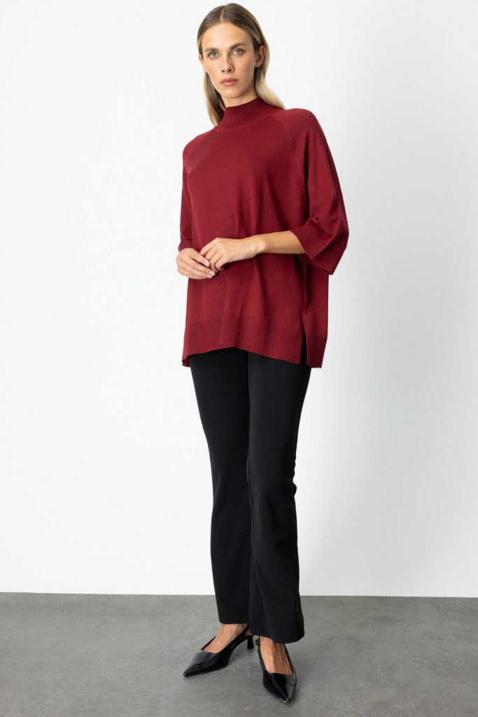 ON TRİKO Arkası Düğmeli Truvakar Kol Kazak 65310 - bordo