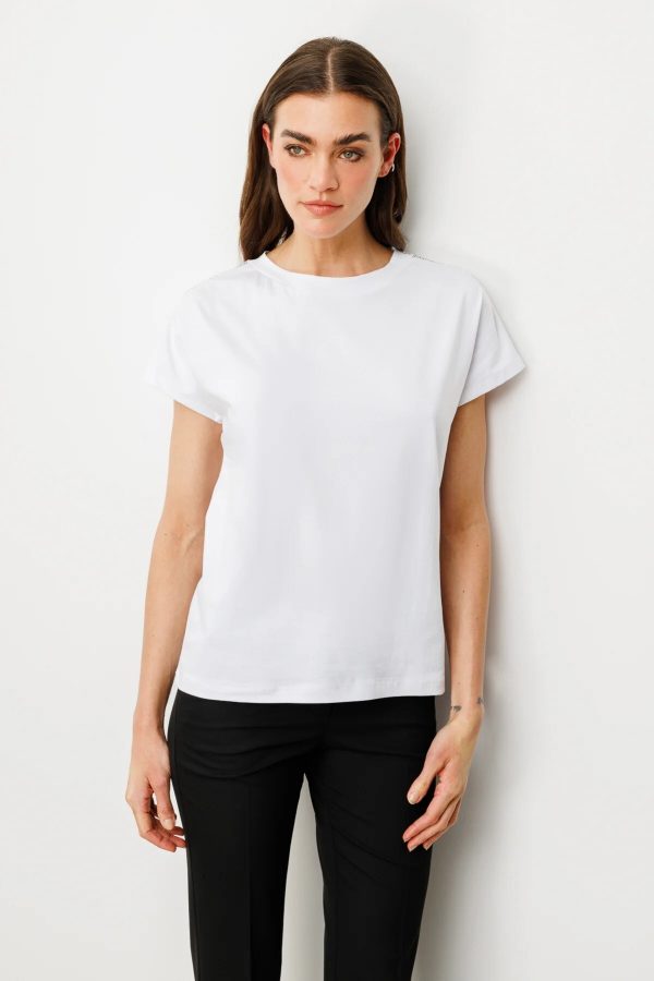 ON TRİKO Omuzları Taş Detaylı Sıfır Yaka T-Shirt 51351