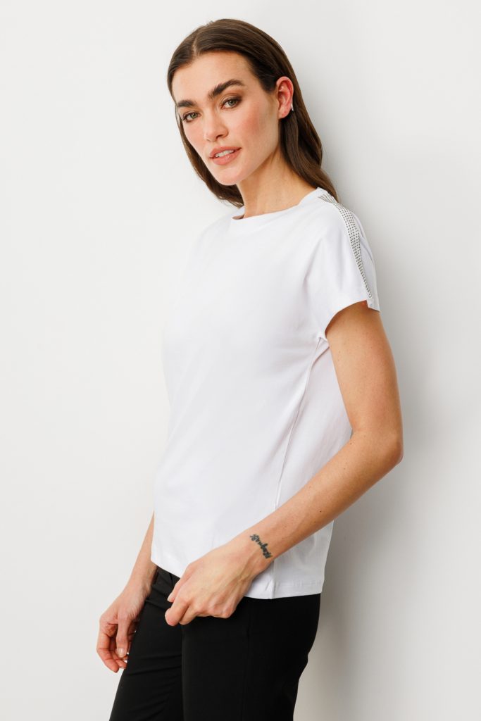 ON TRİKO Omuzları Taş Detaylı Sıfır Yaka T-Shirt 51351 - EKRU