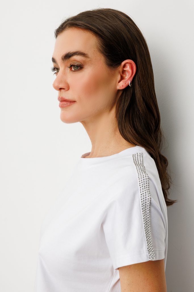 ON TRİKO Omuzları Taş Detaylı Sıfır Yaka T-Shirt 51351 - EKRU