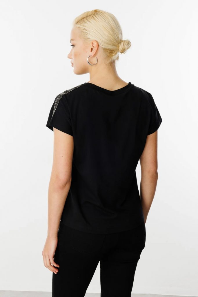 ON TRİKO Omuzları Taş Detaylı Sıfır Yaka T-Shirt 51351 - Siyah