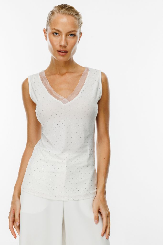 ON TRİKO Yakası Tül Taşlı Bluz  51396 - EKRU