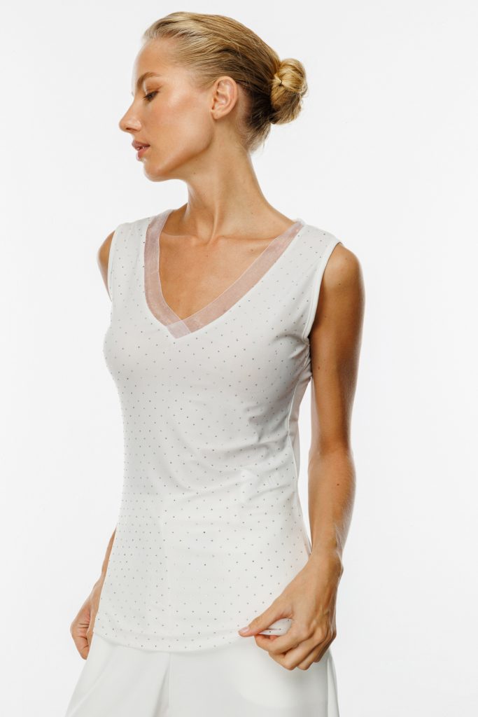 ON TRİKO Yakası Tül Taşlı Bluz  51396 - EKRU