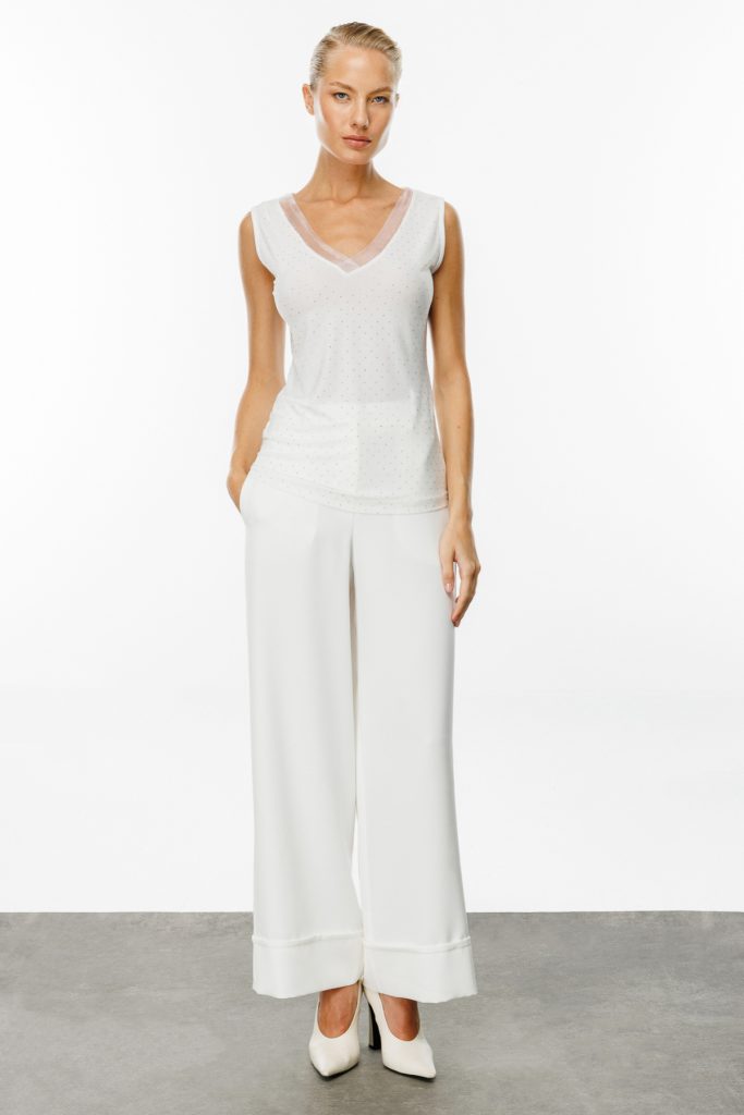 ON TRİKO Yakası Tül Taşlı Bluz  51396 - EKRU