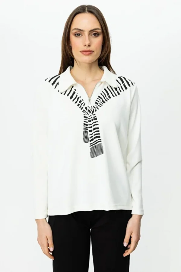 ON TRİKO Yakası Fermuarlı Baskılı BLUZ 56343