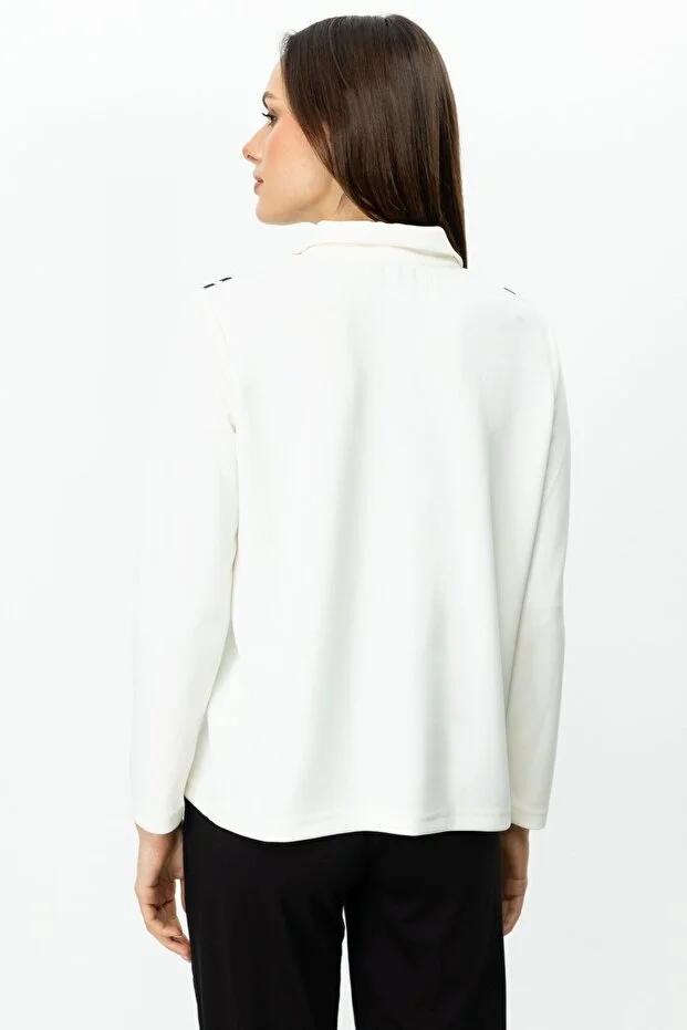 ON TRİKO Yakası Fermuarlı Baskılı BLUZ 56343 - EKRU