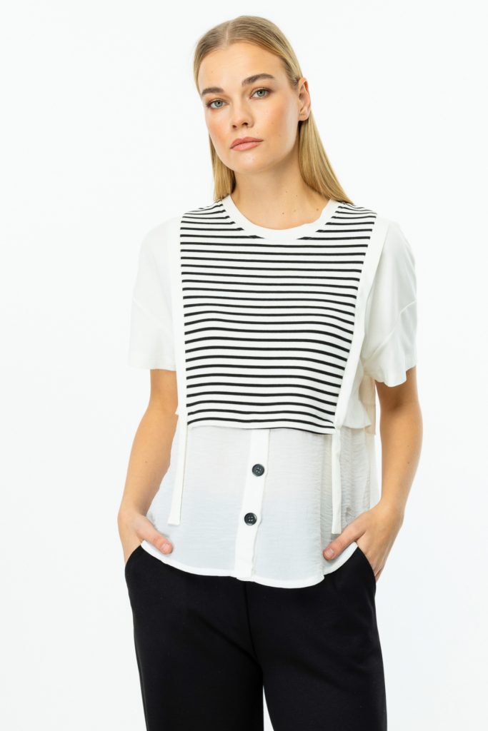 ON TRİKO  Çizgili Kısa Kol Bluz 56456 - EKRU