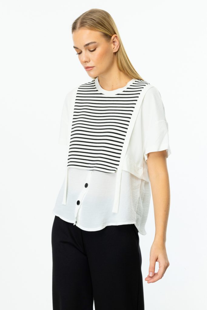 ON TRİKO  Çizgili Kısa Kol Bluz 56456 - EKRU