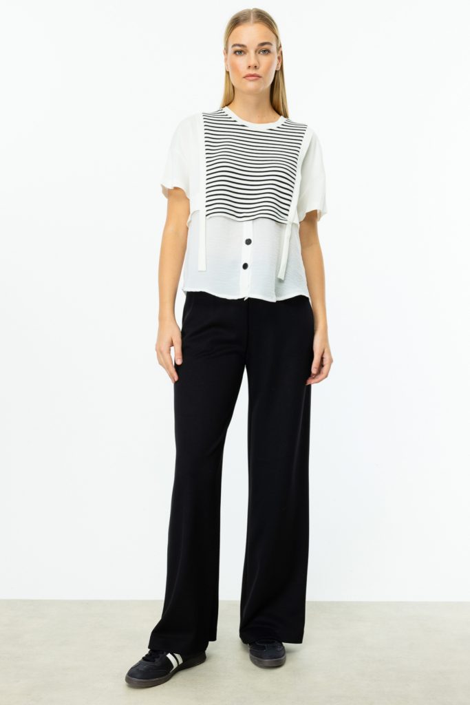 ON TRİKO  Çizgili Kısa Kol Bluz 56456 - EKRU