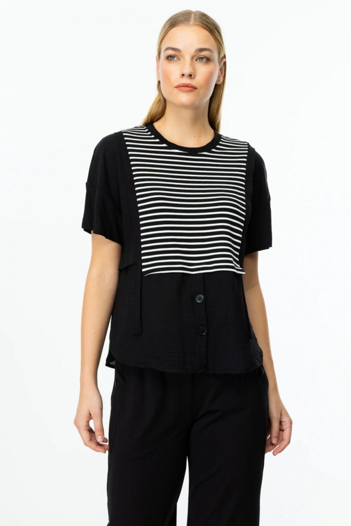 ON TRİKO  Çizgili Kısa Kol Bluz 56456 - Siyah