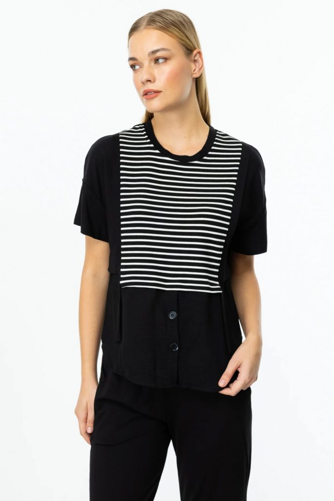 ON TRİKO  Çizgili Kısa Kol Bluz 56456 - Siyah