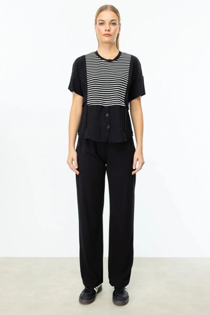 ON TRİKO  Çizgili Kısa Kol Bluz 56456 - Siyah