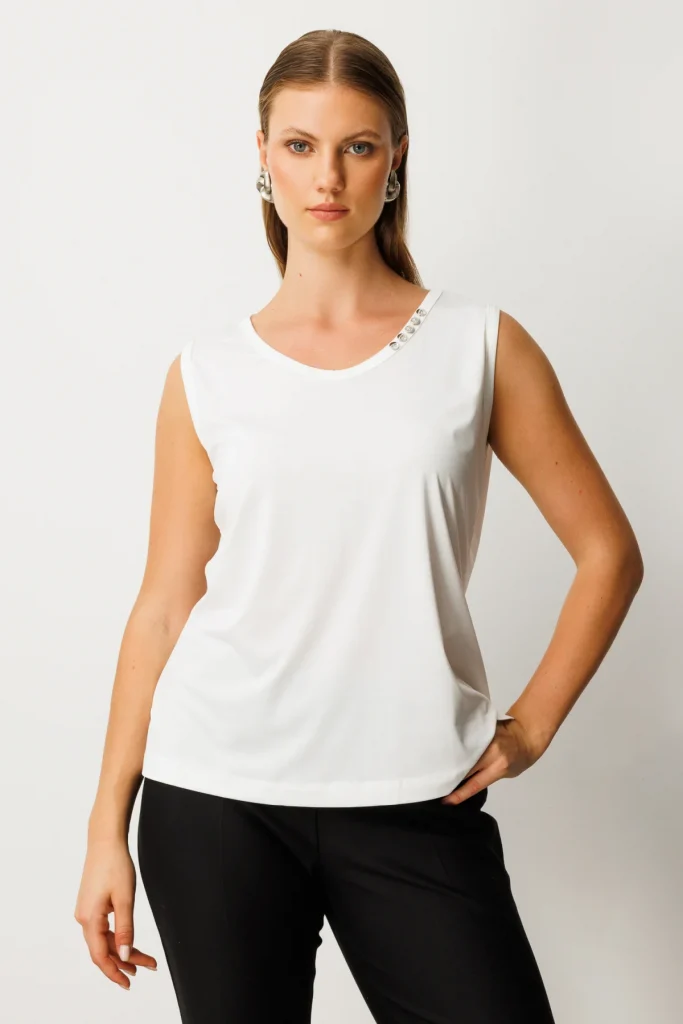 ON TRİKO Yakası Düğme Detaylı Kolsuz Basic 61333 - EKRU