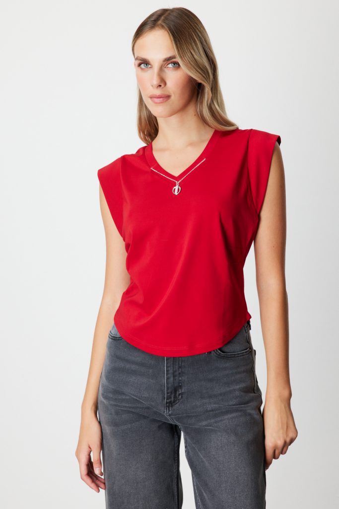 ON TRİKO V Yaka Aksesuar Detaylı Bluz 61354 - KIRMIZI