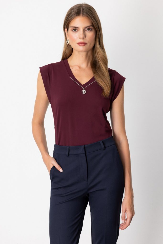 ON TRİKO V Yaka Aksesuar Detaylı Bluz 61354 - bordo