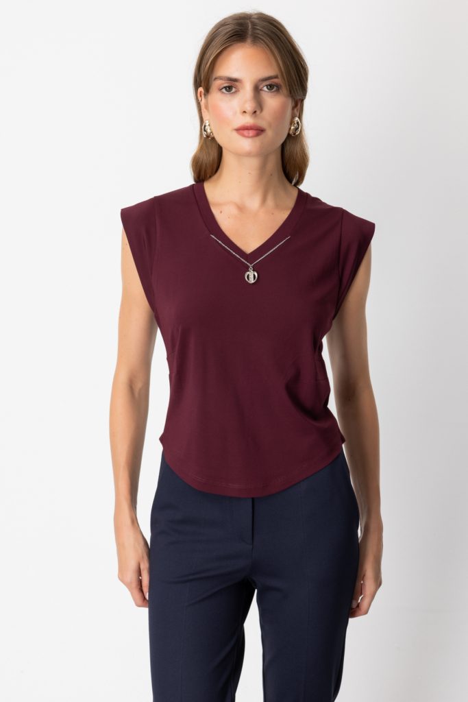 ON TRİKO V Yaka Aksesuar Detaylı Bluz 61354 - bordo