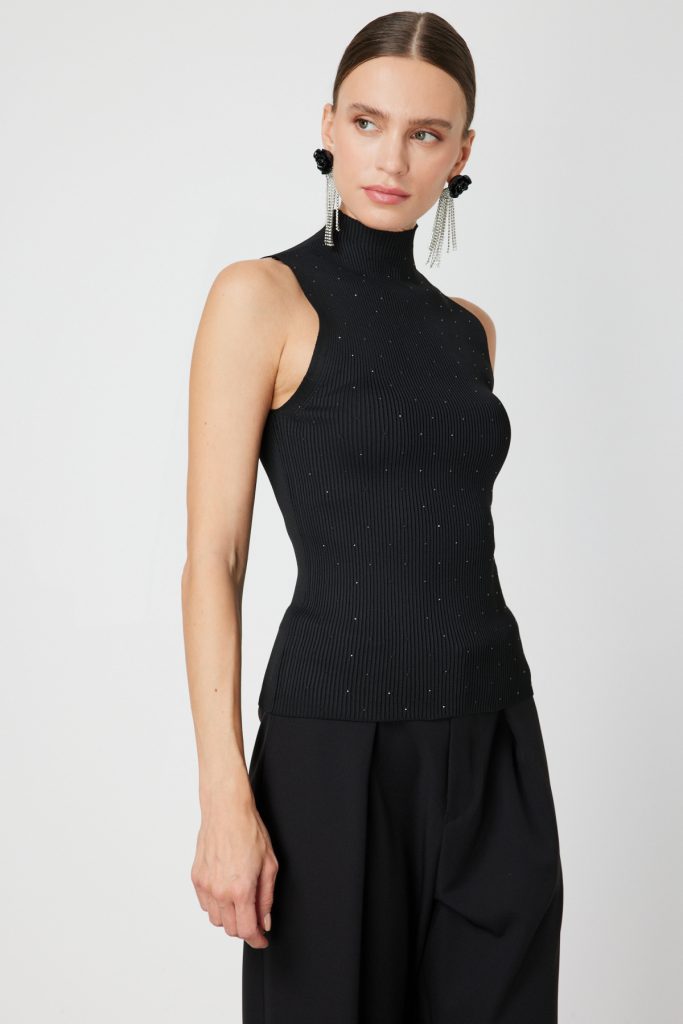 ON TRİKO Taşlı Kolsuz Triko Bluz 66375 - Siyah