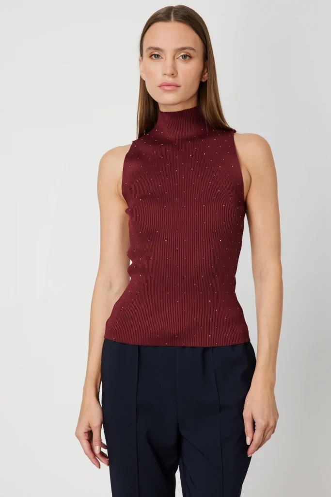 ON TRİKO Taşlı Kolsuz Triko Bluz 66375 - bordo