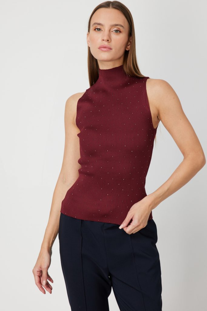 ON TRİKO Taşlı Kolsuz Triko Bluz 66375 - bordo