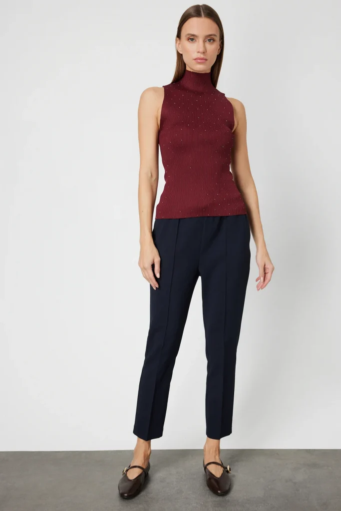 ON TRİKO Taşlı Kolsuz Triko Bluz 66375 - bordo