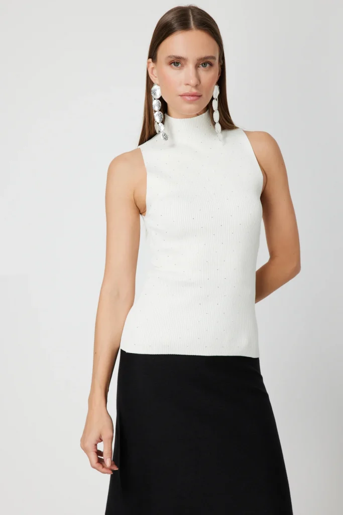 ON TRİKO Taşlı Kolsuz Triko Bluz 66375 - KREM