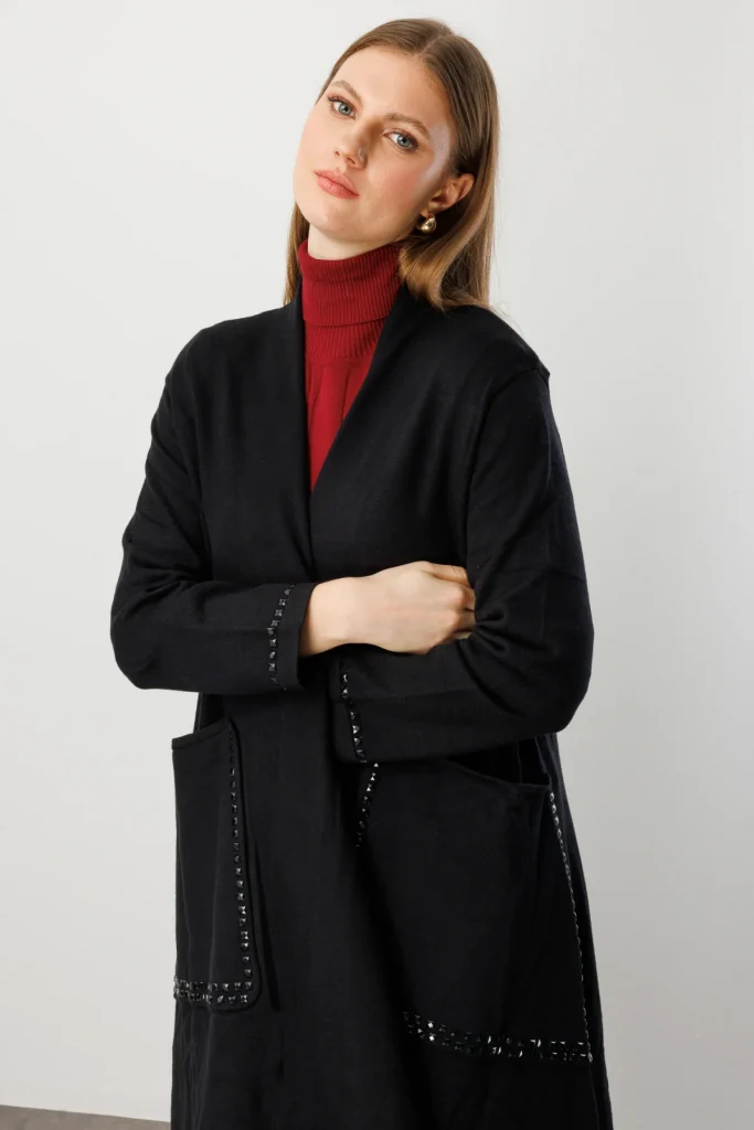 ON TRİKO Torba Cepli Uzun Triko Hırka 60910 - Siyah