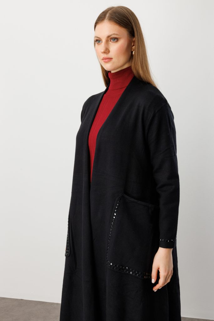 ON TRİKO Torba Cepli Uzun Triko Hırka 60910 - Siyah