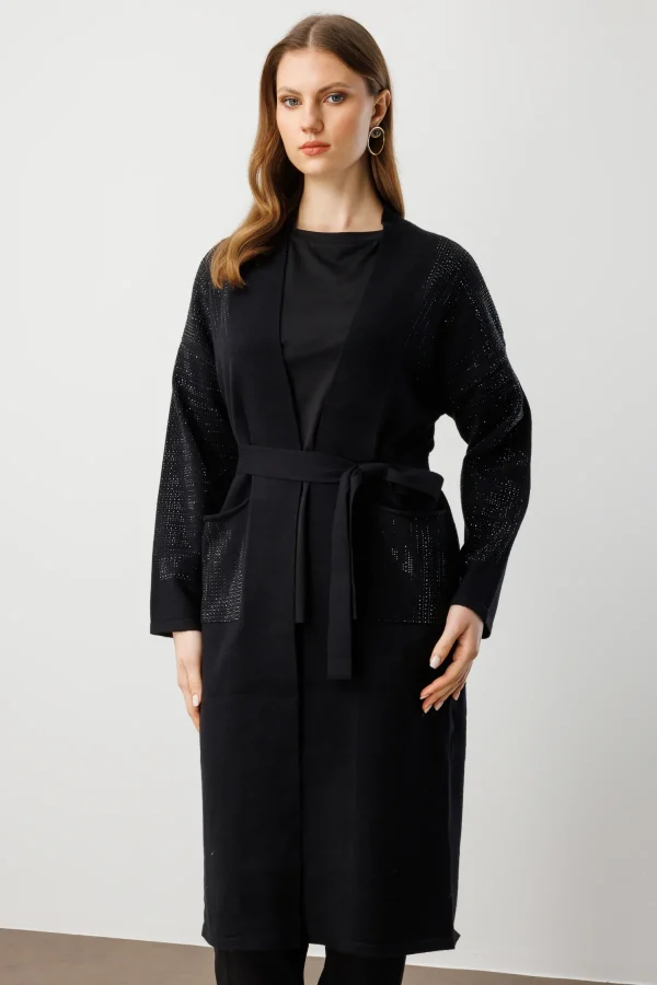 ON TRİKO Taş İşlemeli Kuşaklı Uzun Hırka 60912