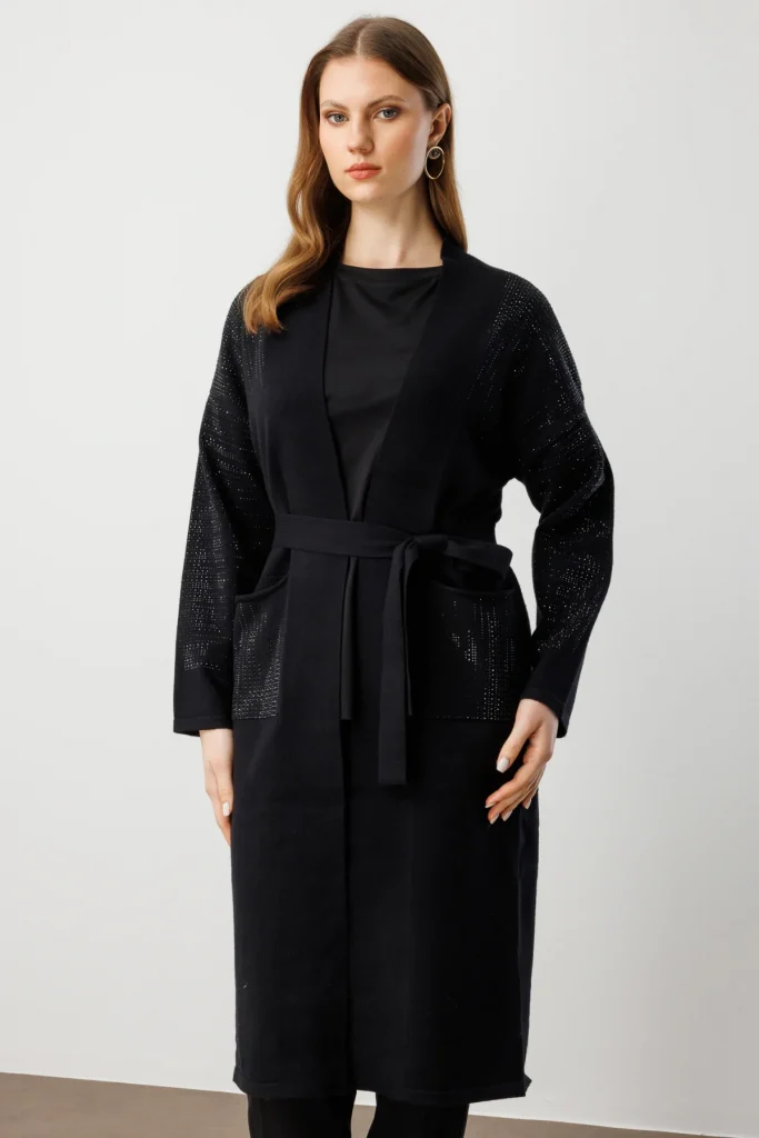 ON TRİKO Taş İşlemeli Kuşaklı Uzun Hırka 60912 - Siyah