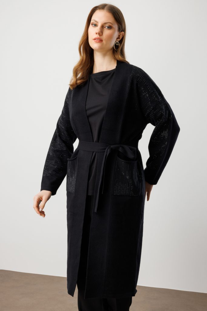 ON TRİKO Taş İşlemeli Kuşaklı Uzun Hırka 60912 - Siyah