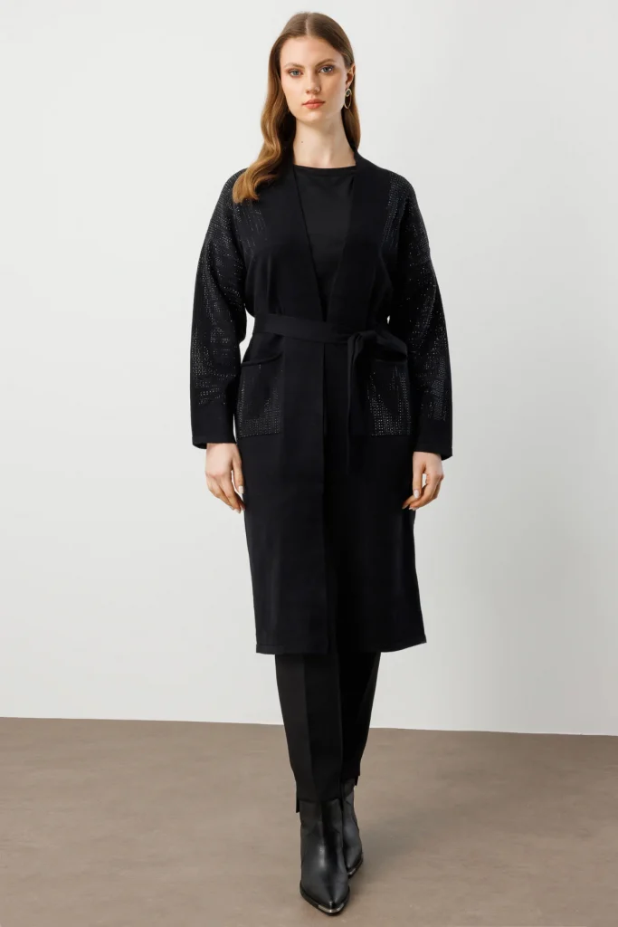 ON TRİKO Taş İşlemeli Kuşaklı Uzun Hırka 60912 - Siyah