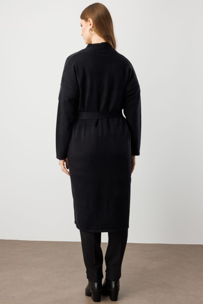 ON TRİKO Taş İşlemeli Kuşaklı Uzun Hırka 60912 - Siyah