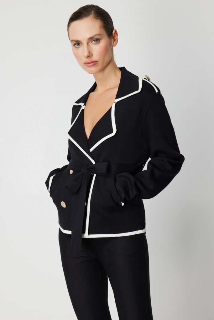 ON TRİKO Beli Kuşaklı Kruvaze Yaka Hırka 60913 - Siyah