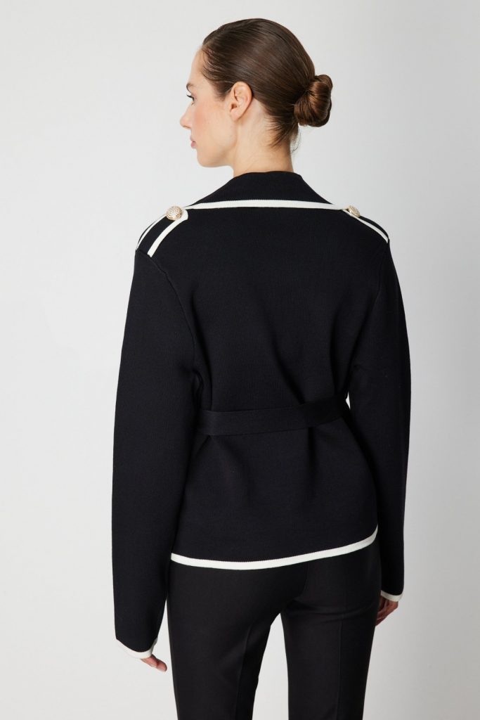 ON TRİKO Beli Kuşaklı Kruvaze Yaka Hırka 60913 - Siyah