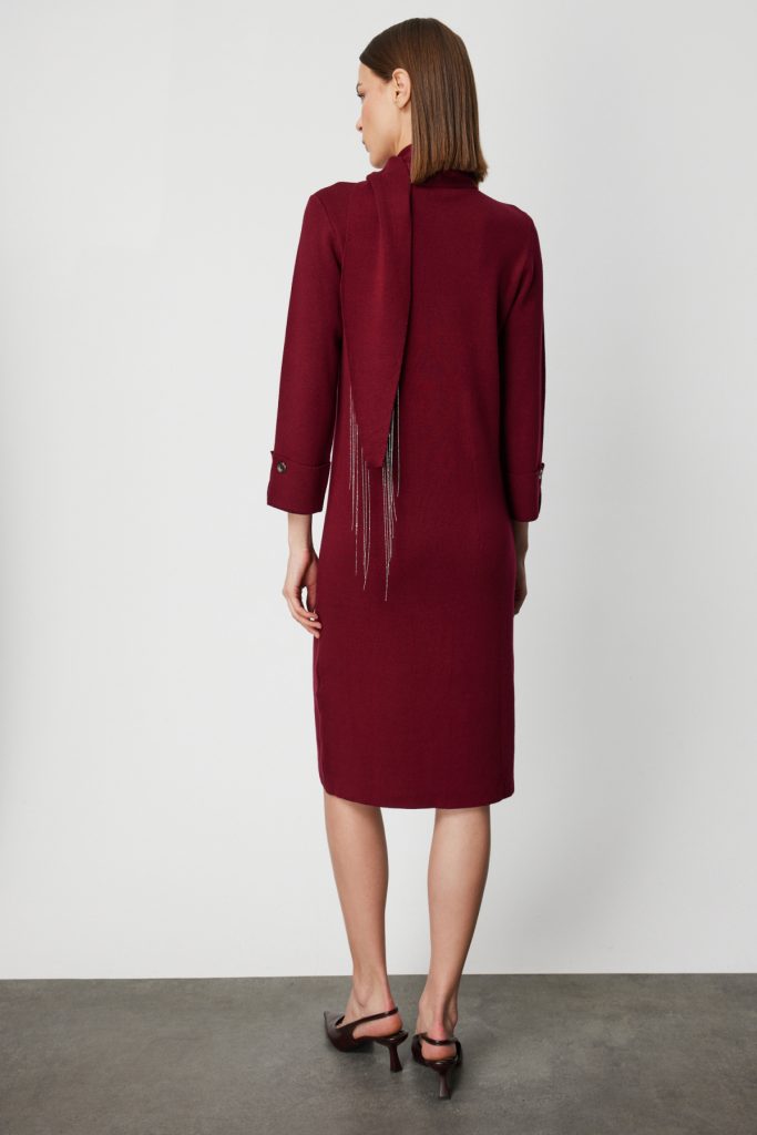 ON TRİKO Kuşaklı Midi Boy Triko Elbise 63315 - bordo