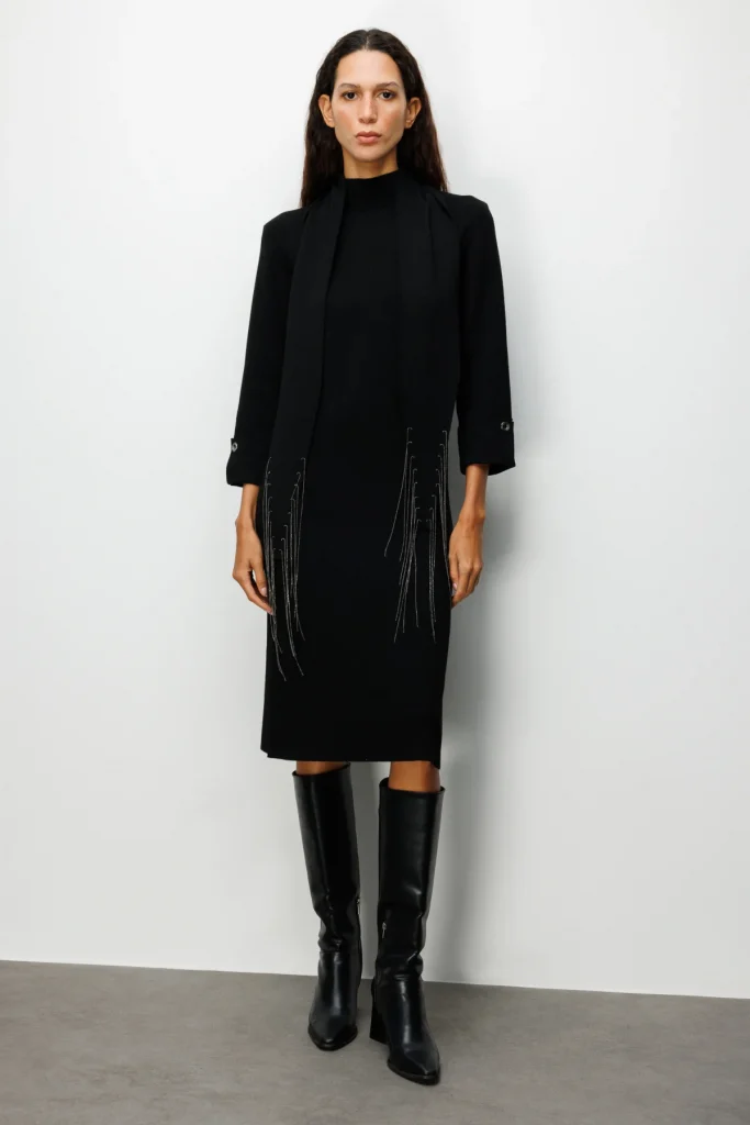 ON TRİKO Kuşaklı Midi Boy Triko Elbise 63315 - Siyah