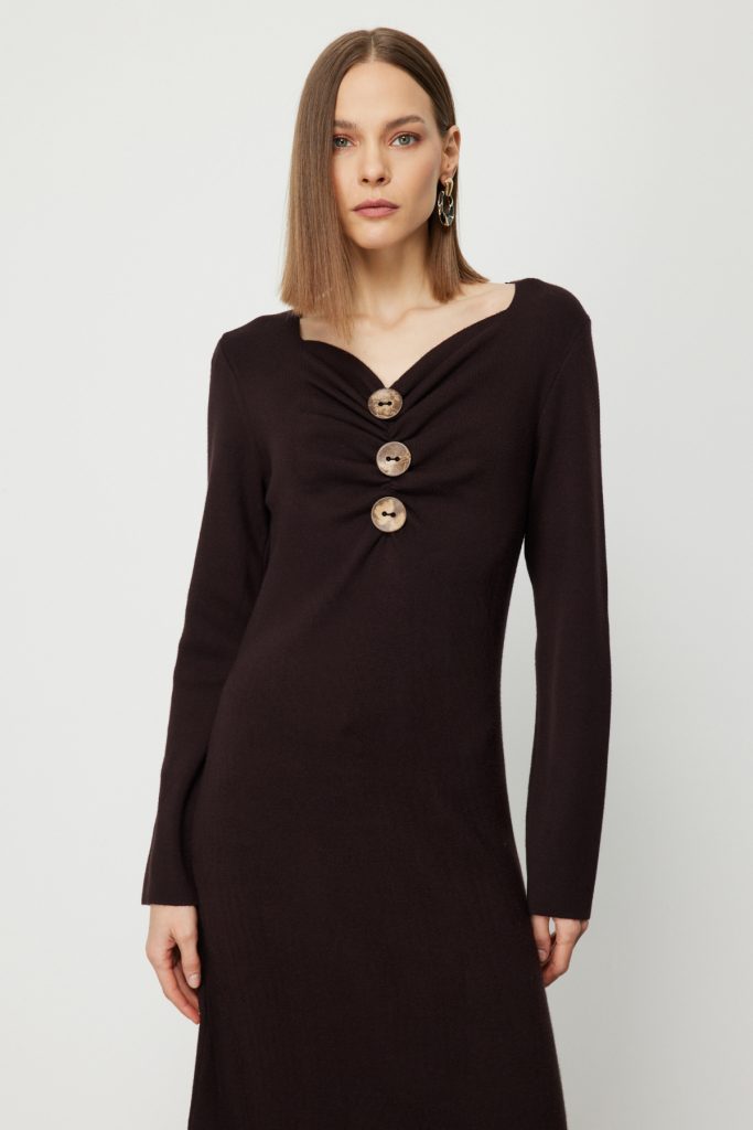 ON TRİKO Önü Büzgülü Düğmeli Triko Elbise 63400