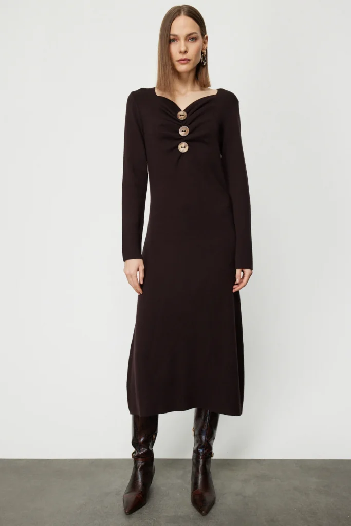 ON TRİKO Önü Büzgülü Düğmeli Triko Elbise 63400