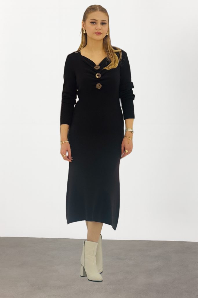 ON TRİKO Önü Büzgülü Düğmeli Triko Elbise 63400 - Siyah
