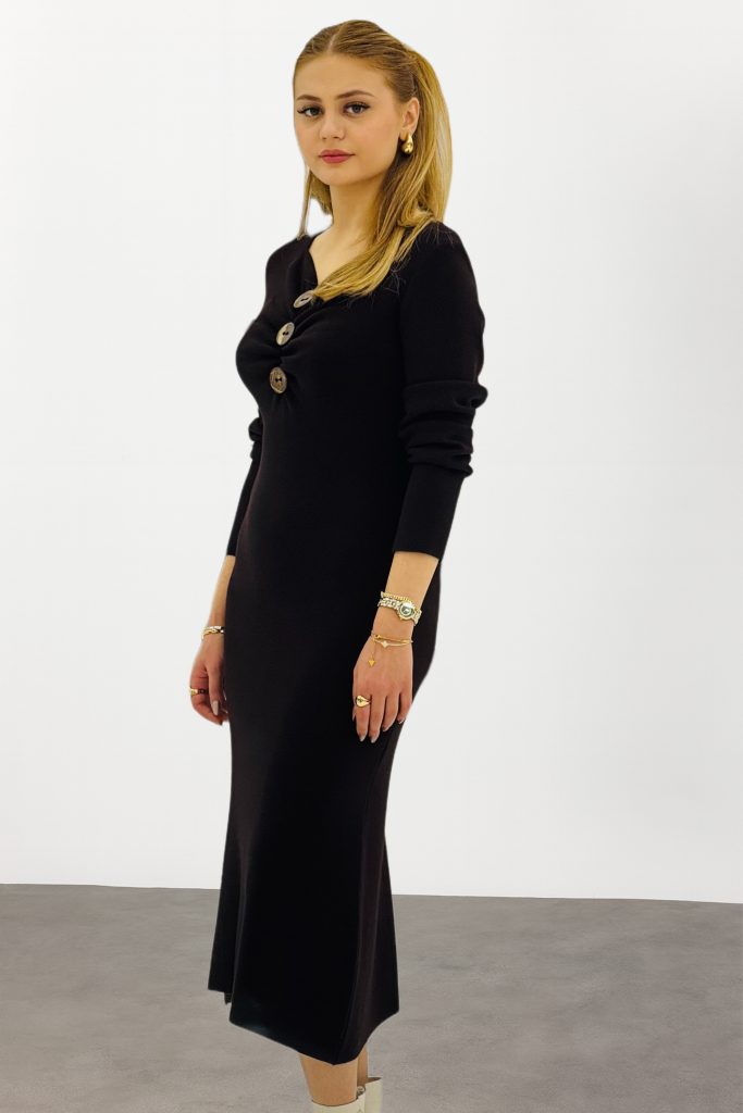 ON TRİKO Önü Büzgülü Düğmeli Triko Elbise 63400 - Siyah